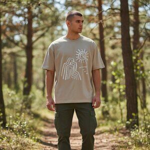 H&M Mens XL Relaxed Graphic Fit T Shirt Beige “Adventure On My Mind” 100% Cotton